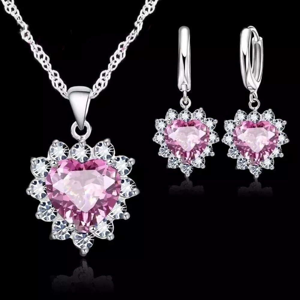 .925 Stirling Silver Necklace & Earrings Set Pink